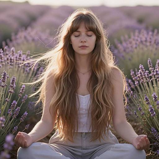 Young Woman Meditating in Lavender Field with Soft Natural Light