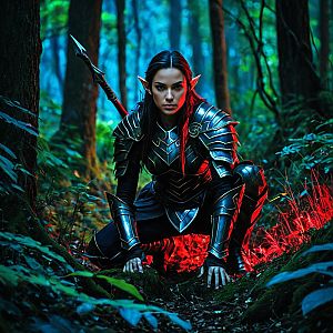 Fantasy Elf Warrior Woman in Dark Armor Crouching in Enchanted Forest