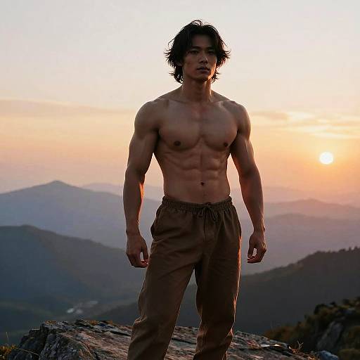 Fit Young Man Standing on Mountain Peak at Sunset with Scenic Backdrop