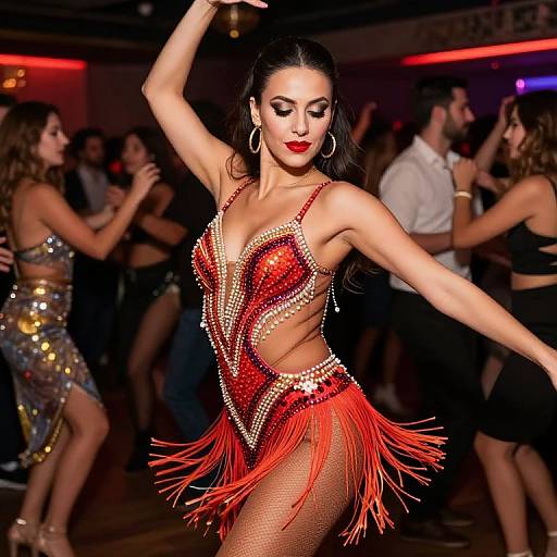 Vibrant Latin Dance Woman in Red Fringe Dress at Club