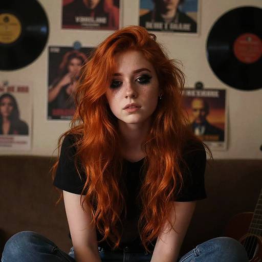 Portrait of Red-Haired Gen Z Woman with Retro Vinyl Background