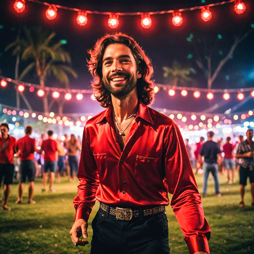 Vibrant Outdoor Party with Charismatic Man in Red Shirt