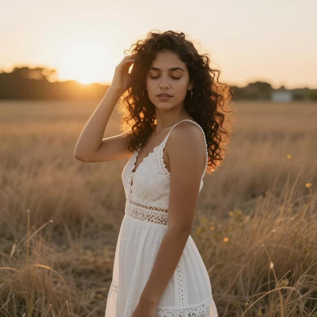 Young Woman in White Dress Standing in Golden Hour Field