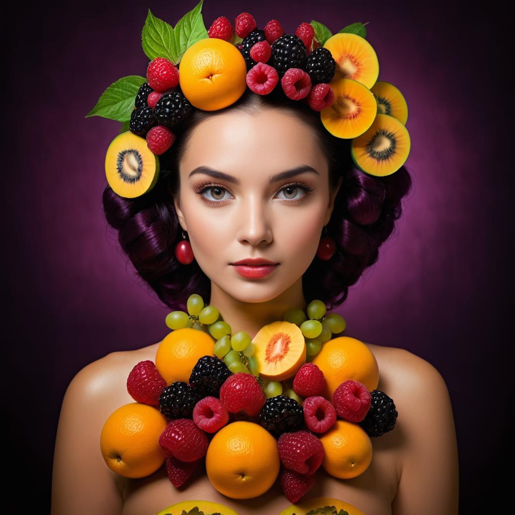 Woman Adorned with Colorful Fruits Against Purple Background