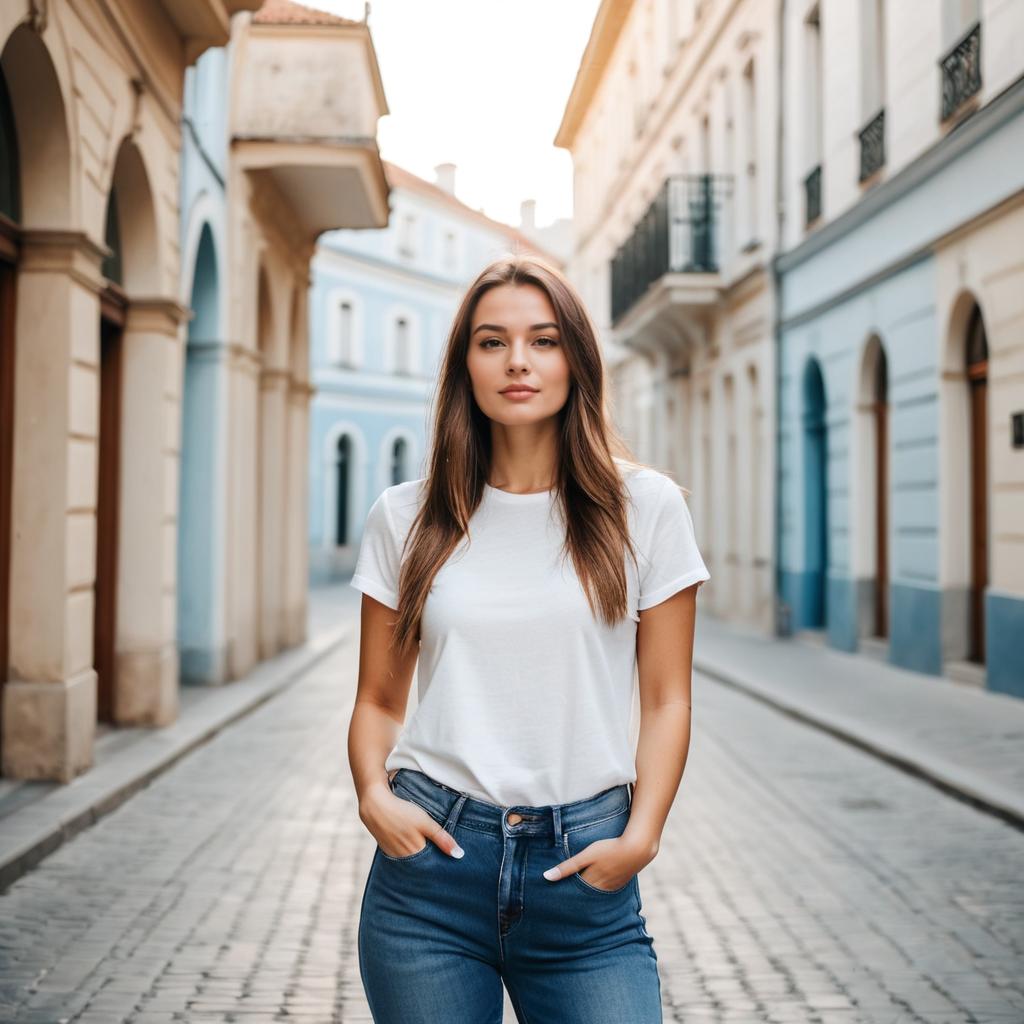 Young Woman in Casual Outfit on Cobbled Street with Pastel Buildings