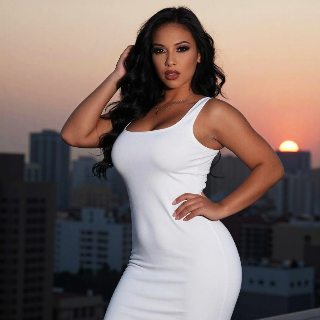 Elegant Woman in White Dress Posing at Sunset on Rooftop