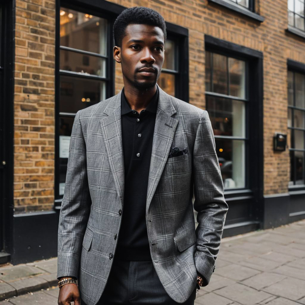 Stylish man in grey check blazer exuding confidence