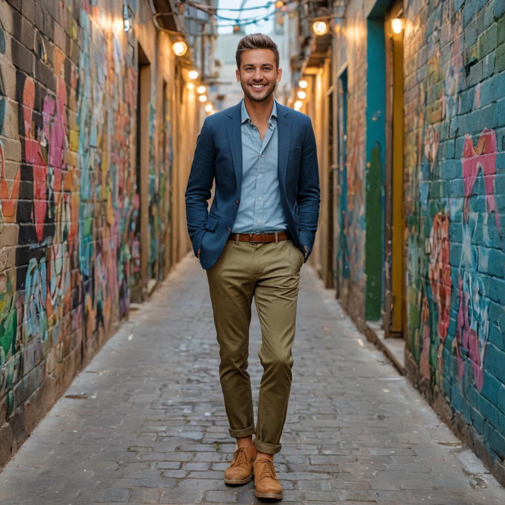 Stylish Man Walking in Graffiti Alley