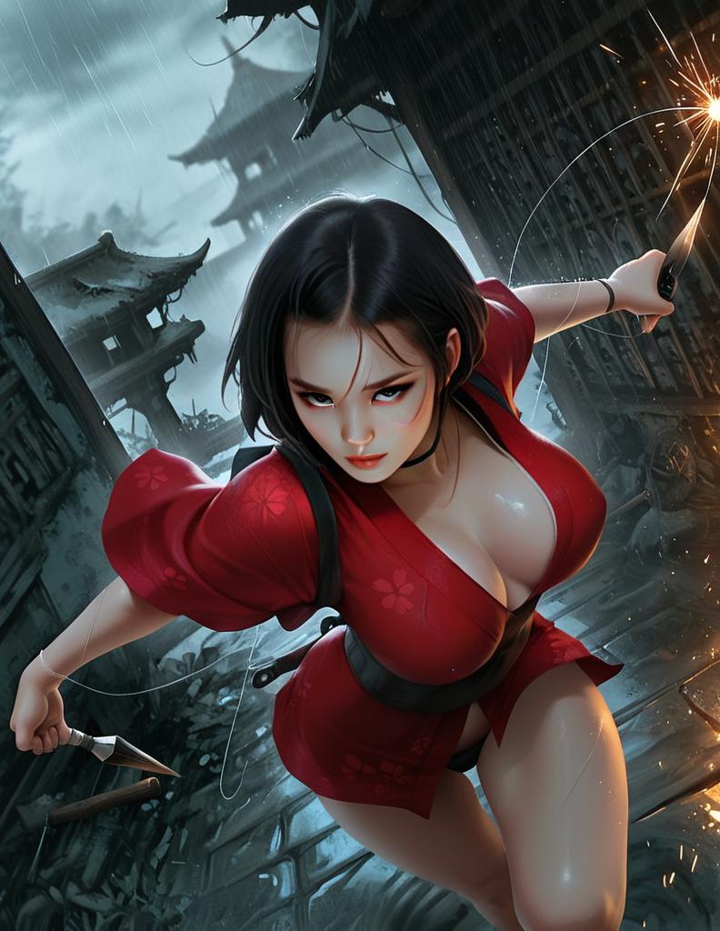 Fierce Anime Woman in Red Kimono Wielding Dual Kunai in Rainy Japanese Village