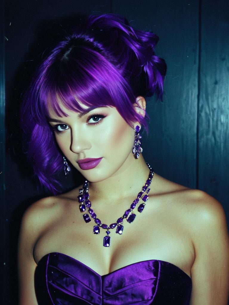 Neon Purple Hairstyle Woman with Purple Jewelry and Dress