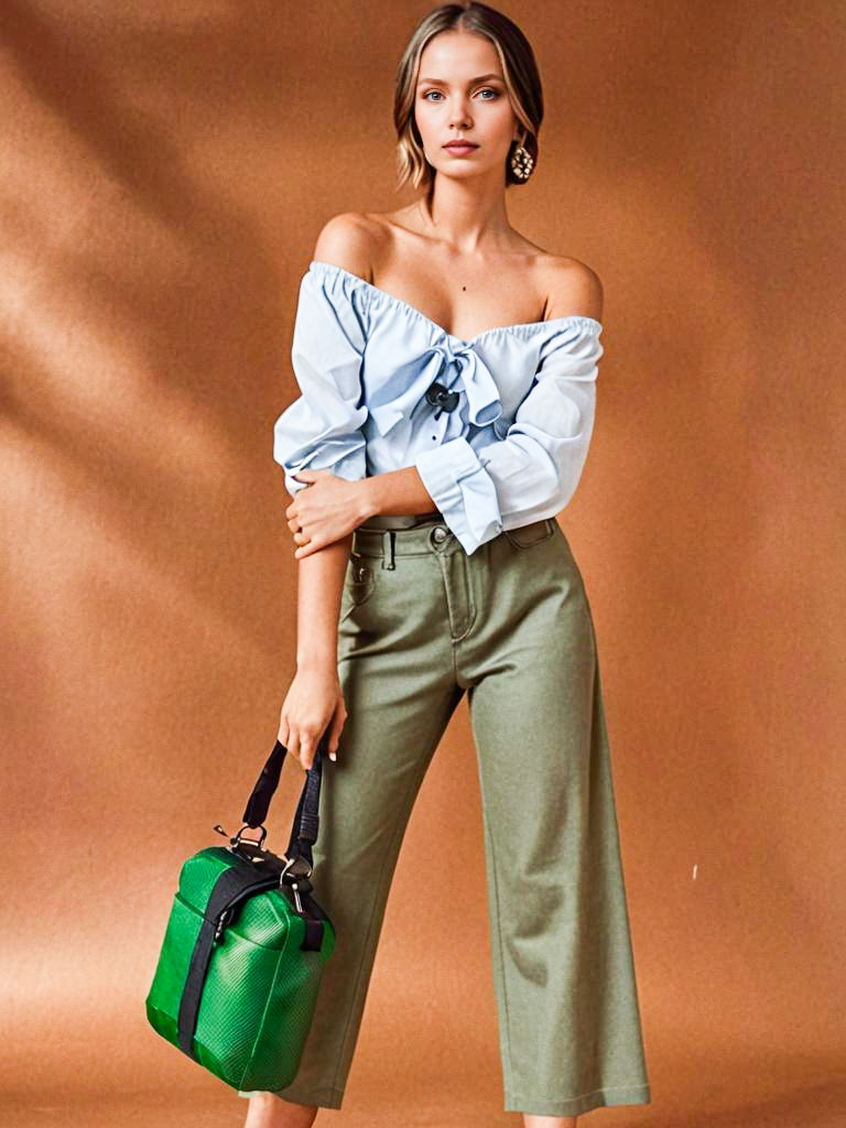 Chic Woman in Off-the-Shoulder Blue Blouse and Green Trousers