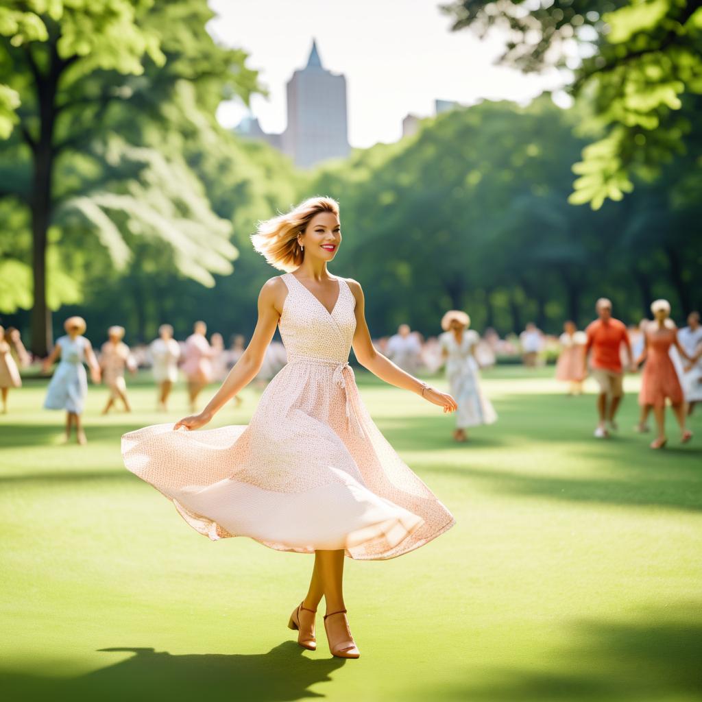 Joyful Woman Twirling in a Flowing Dress on a Sunlit Lawn