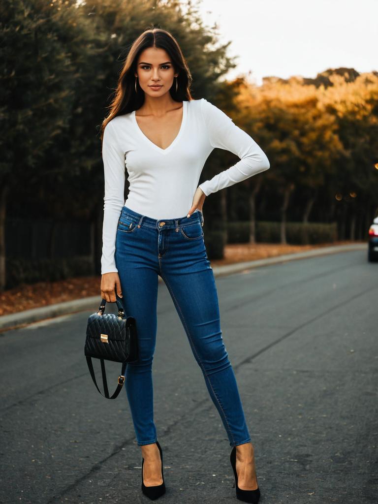 Woman Casual White V Neck Long Sleeve Top and Slim Fit Blue Denim Jeans Street Style