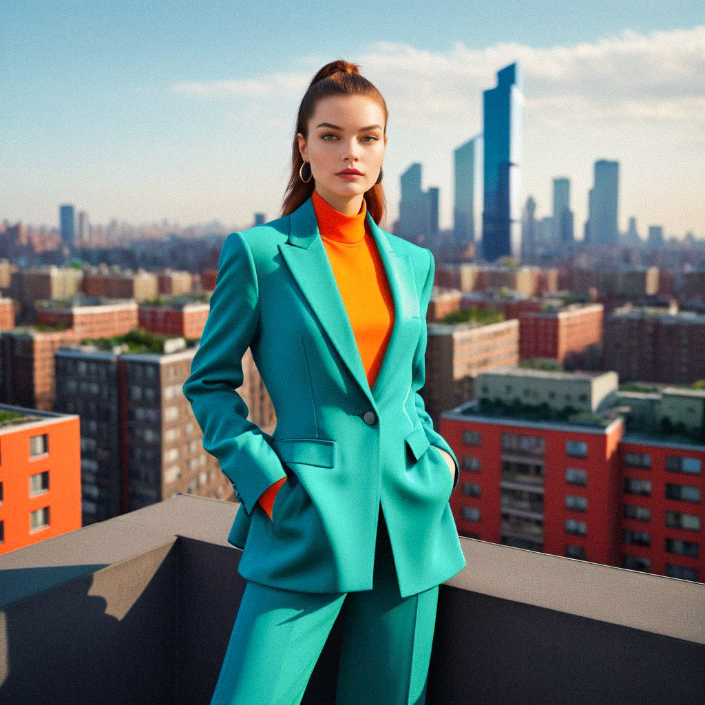 Confident Woman in Turquoise Suit on Rooftop