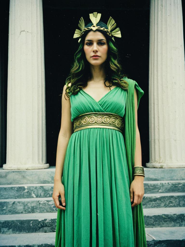 Elegant Woman in Green Greek Goddess Costume with Gold Accessories