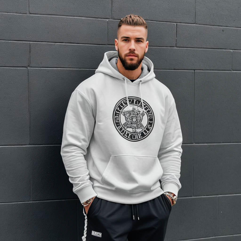 Stylish man in light gray hoodie against gray wall