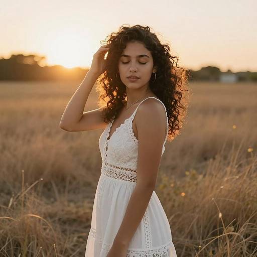 Young Woman in White Dress Standing in Golden Hour Field