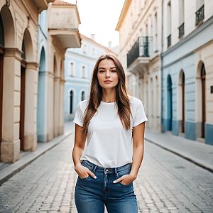 Young Woman in Casual Outfit on Cobbled Street with Pastel Buildings