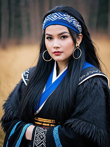 Indigenous Woman Wearing Traditional Blue and Black Attire with Headband