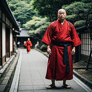 Plus-size man in red robe on Japanese walkway