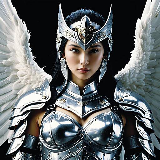Fantasy Woman Warrior in Silver Armor with Angel Wings