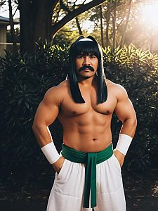 Man Cosplay Wearing Saburou Kunio-kun Costume Realistic Photo
