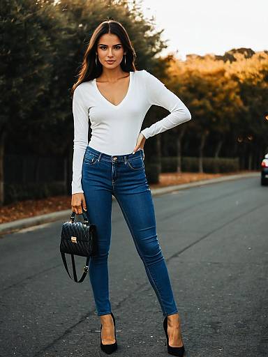Woman Casual White V Neck Long Sleeve Top and Slim Fit Blue Denim Jeans Street Style