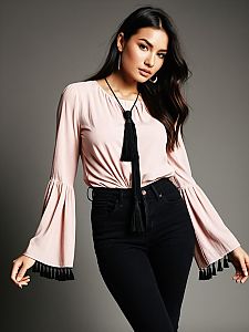 Woman in Contemporary Casual Blush Pink Blouse with Round Neckline and Black Tassel Necklace