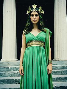 Elegant Woman in Green Greek Goddess Costume with Gold Accessories