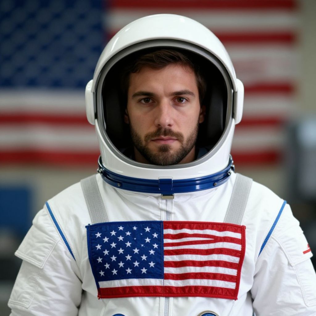 Male Astronaut in American Flag Space Suit Portrait