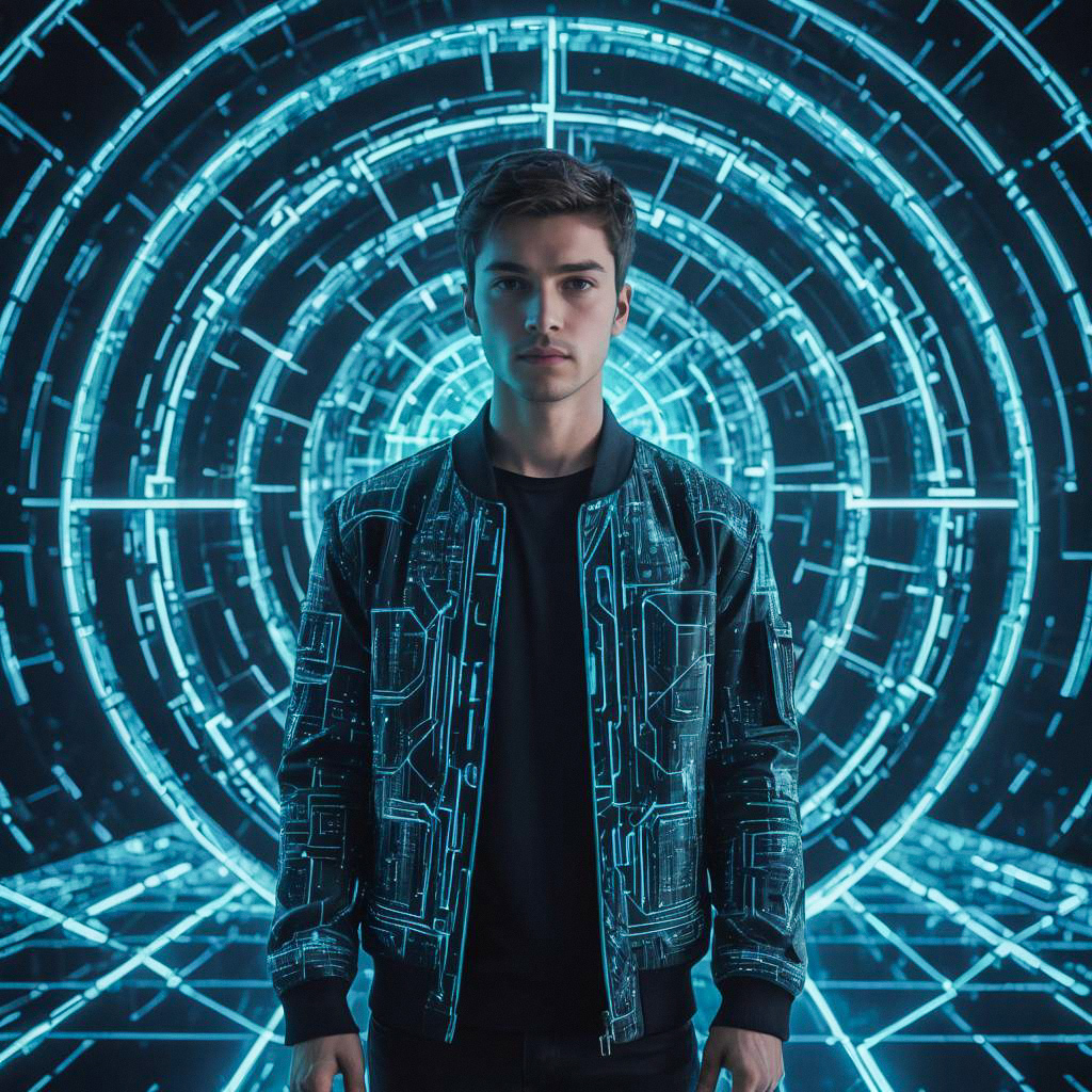 Confident Young Man in Futuristic Cyberpunk Setting