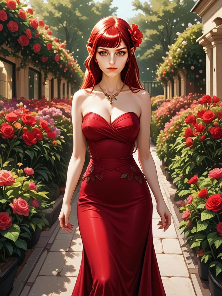 Elegant Red-haired Woman in Red Gown Walking Through Rose Garden Digital Anime Illustration