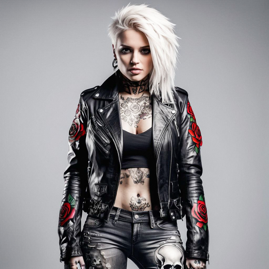 Confident Woman with Platinum Hair and Bold Tattoos in Stylish Leather Jacket