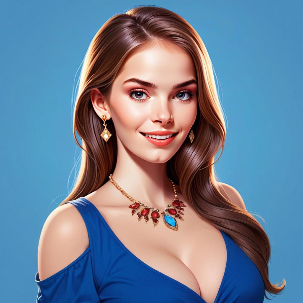 Stylish Woman in Blue Dress with Statement Jewelry Digital Portrait