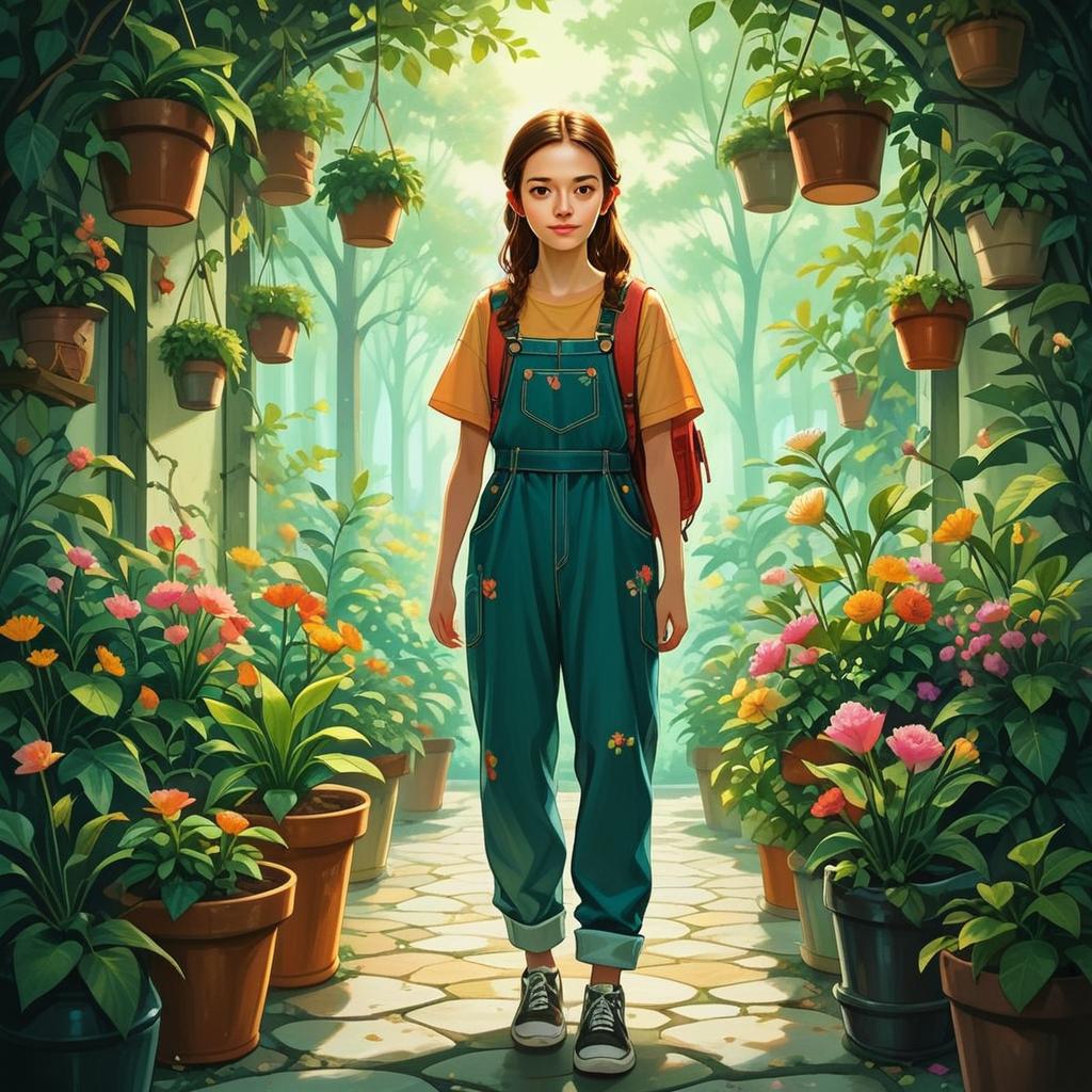 Young Woman in Lush Garden with Flowers