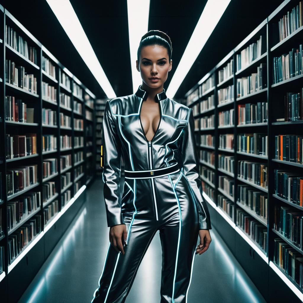 Futuristic Woman in Metallic Jumpsuit in Modern Library