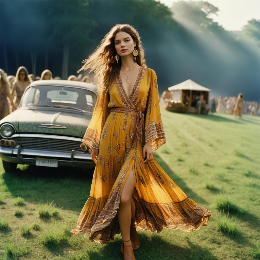 Woman in Yellow Dress in Lush Field with Vintage Cars