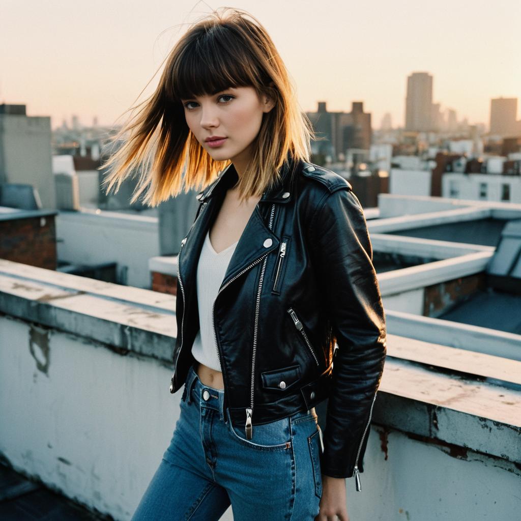 Young Woman in Leather Jacket on Urban Rooftop at Sunset