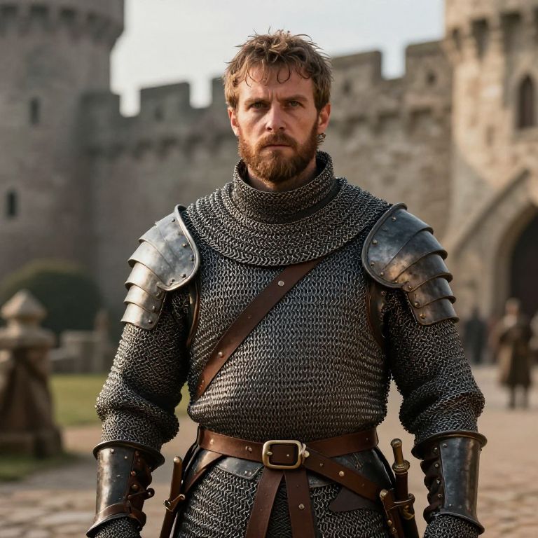 Medieval Knight in Chainmail Armor Standing in Front of Castle