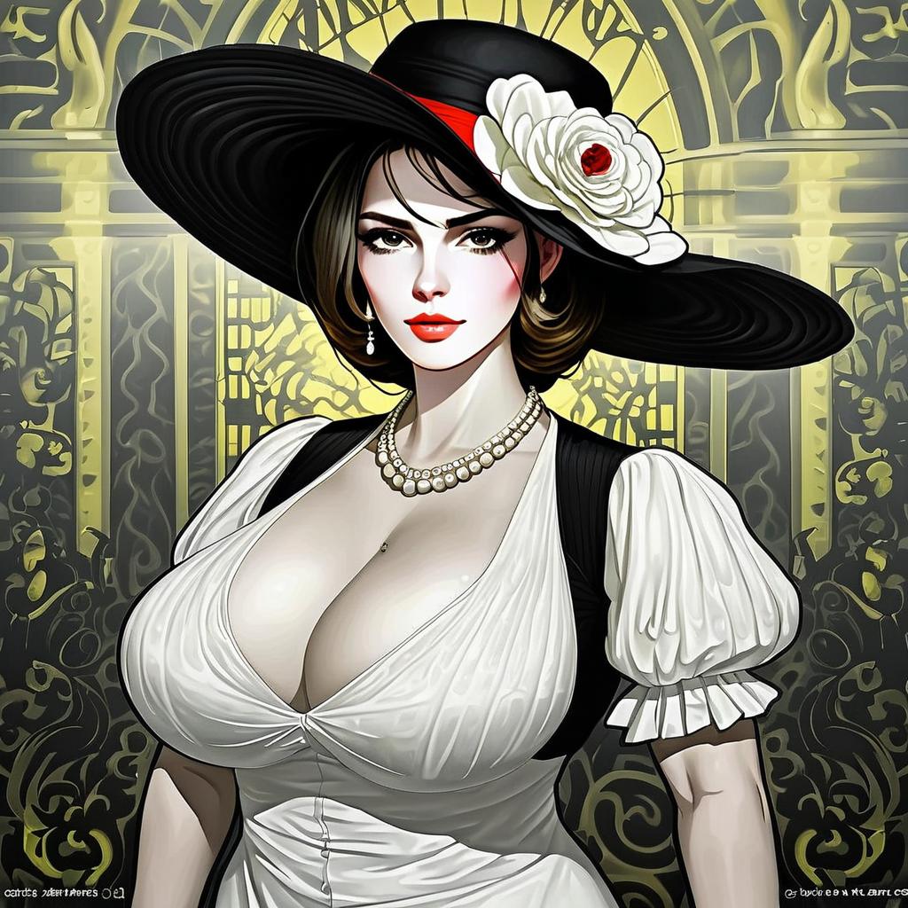 Anime Style Elegant Woman in Black Hat with White Rose