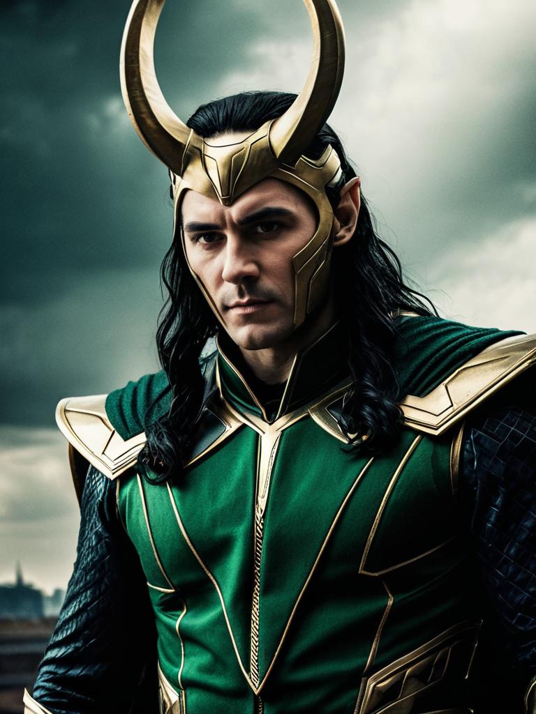 Cinematic Realism Portrait of a Man in Loki Costume with Dramatic Villain Look