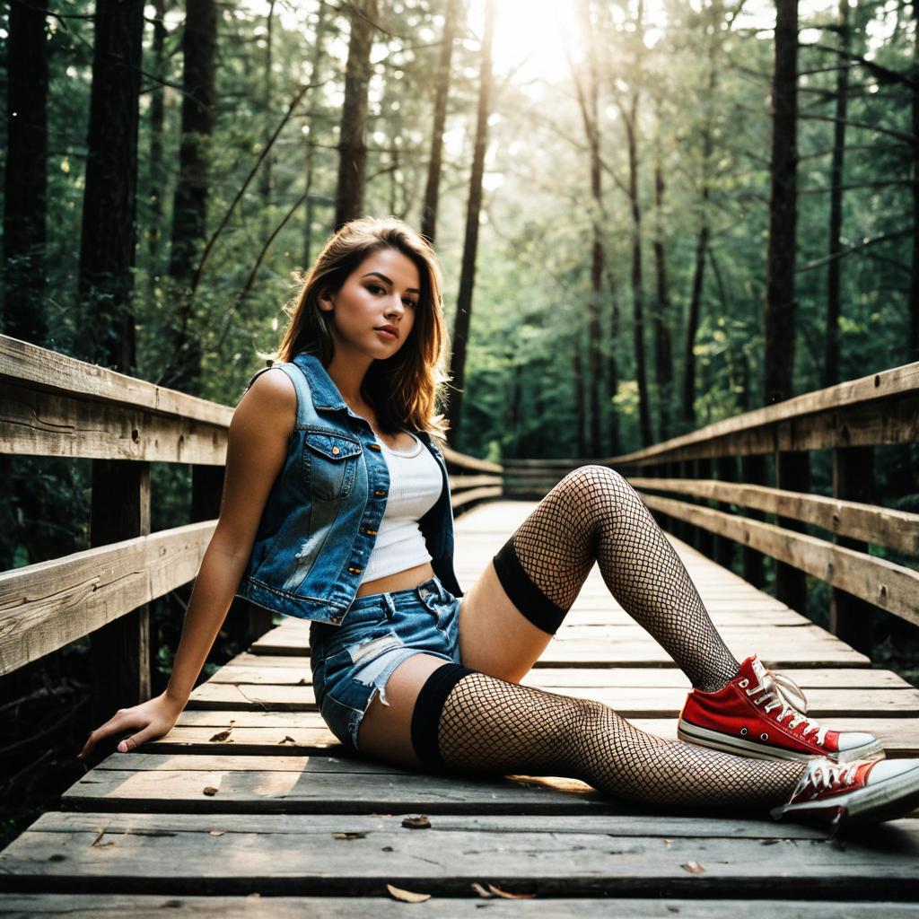 Young Woman in Denim and Fishnet Stockings on Forest Bridge
