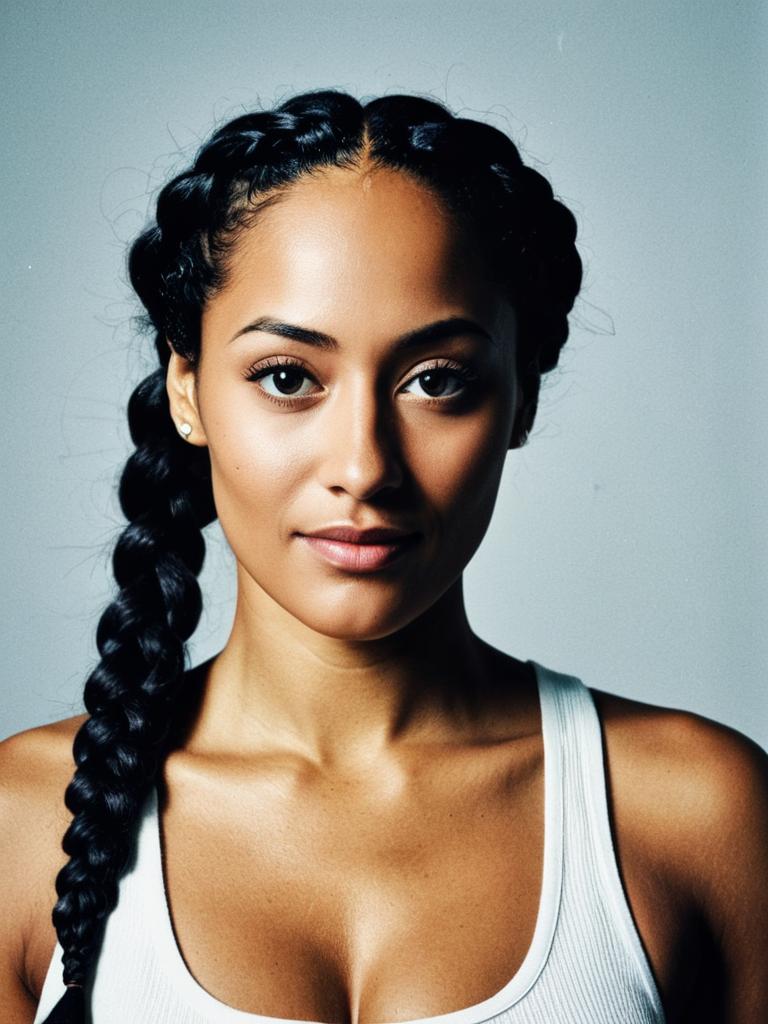 Portrait of Woman with Long Braided Hair and White Tank Top