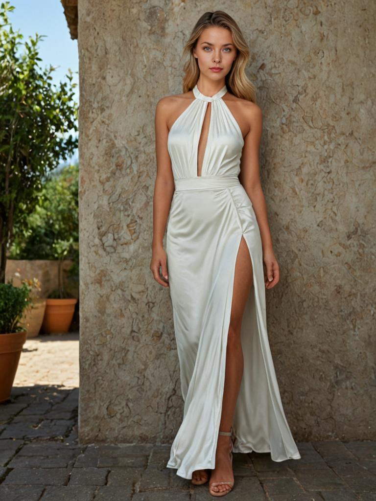 Elegant Woman in White Satin Gown Against Stone Wall