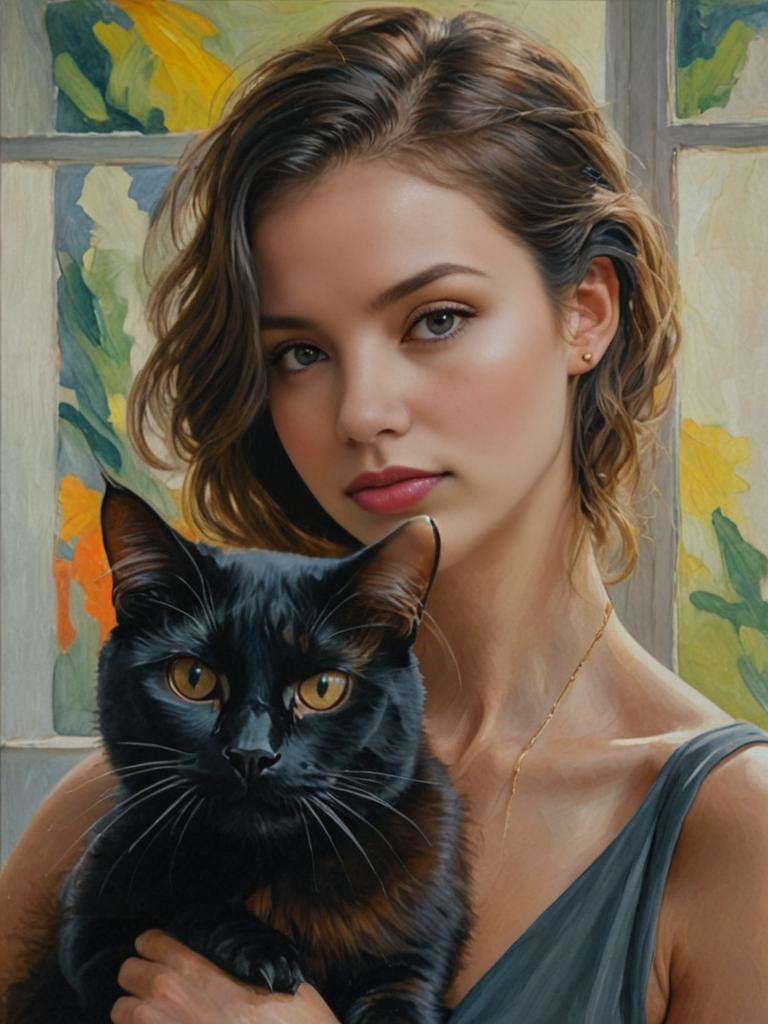 Woman with Black Cat in Tranquil Setting