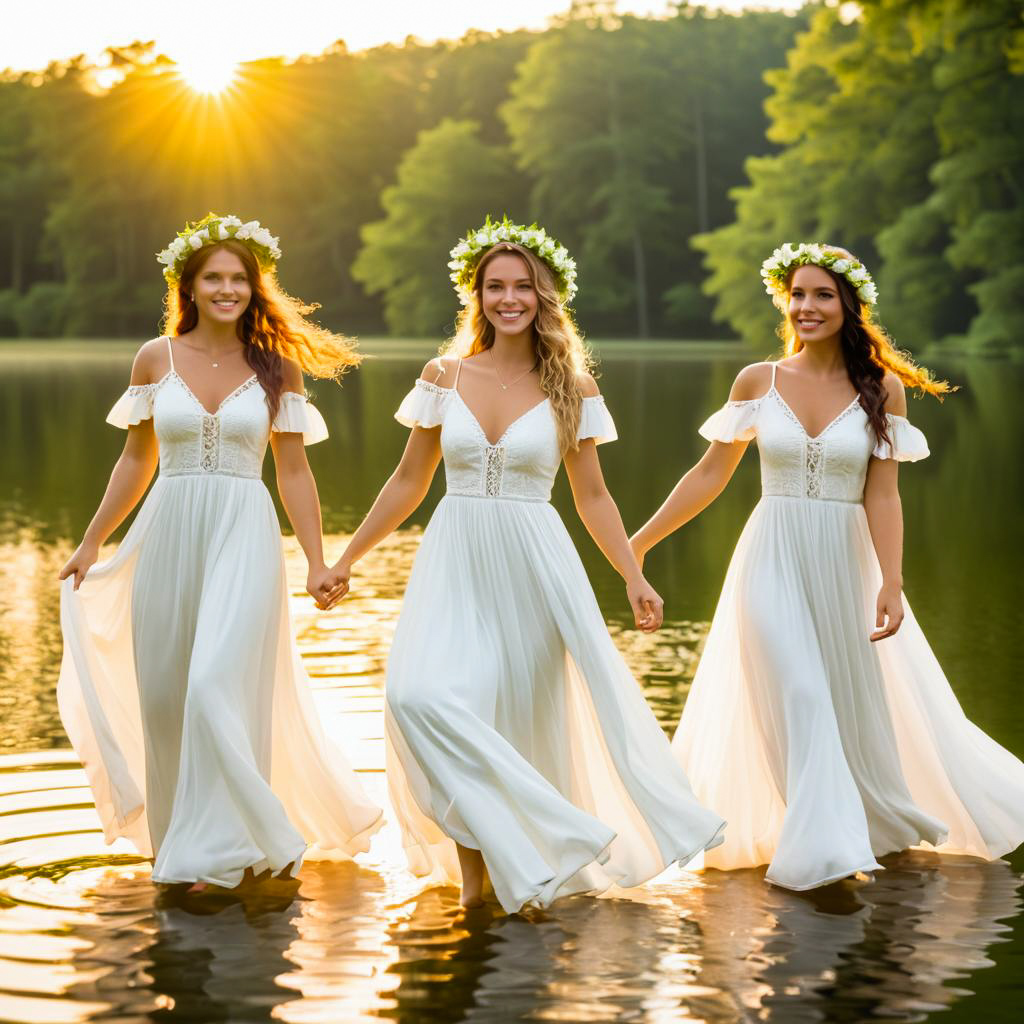 Joyful Women in White Gowns at Sunset Lake