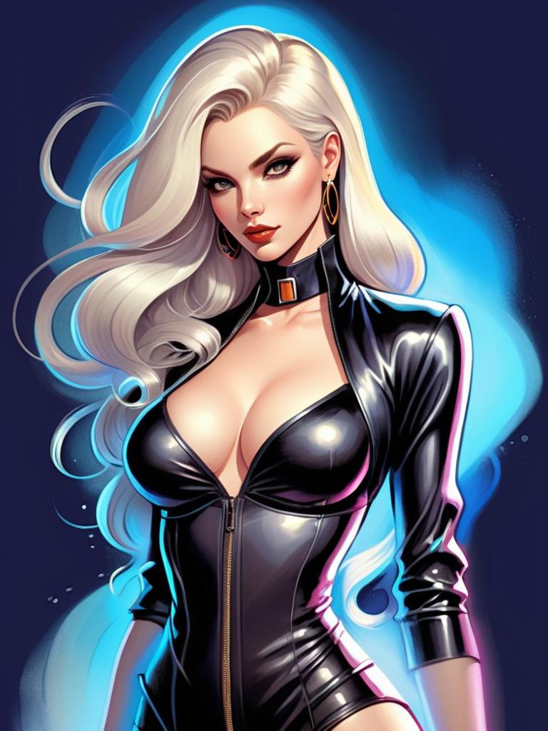 Digital Art of Woman in Glossy Black Leather Outfit with Platinum Blonde Hair