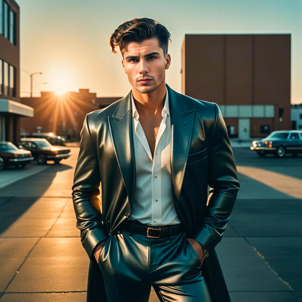 Stylish Man in Leather Outfit at Sunset