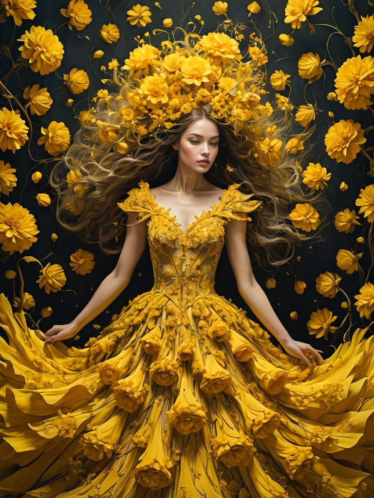 Woman in Yellow Gown Among Vibrant Flowers