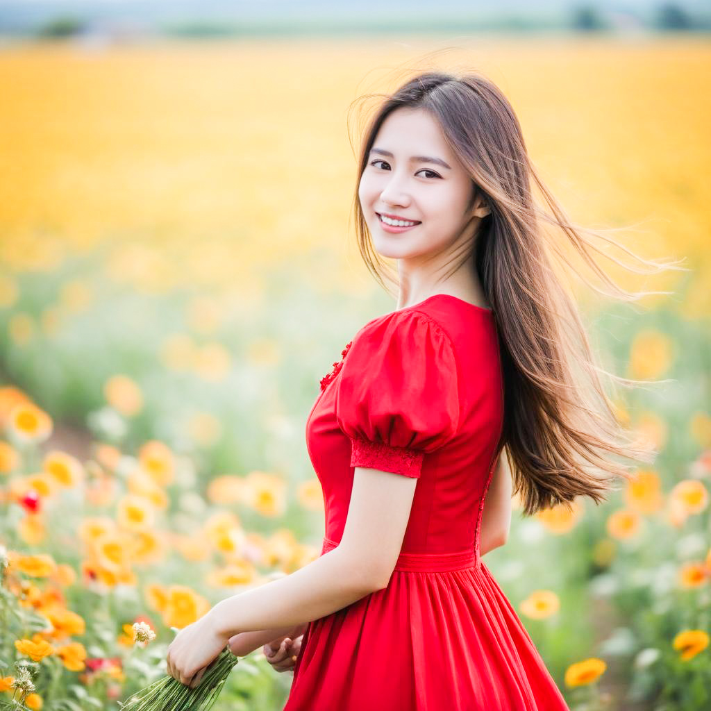 Young Woman in Red Dress among Yellow Flowers